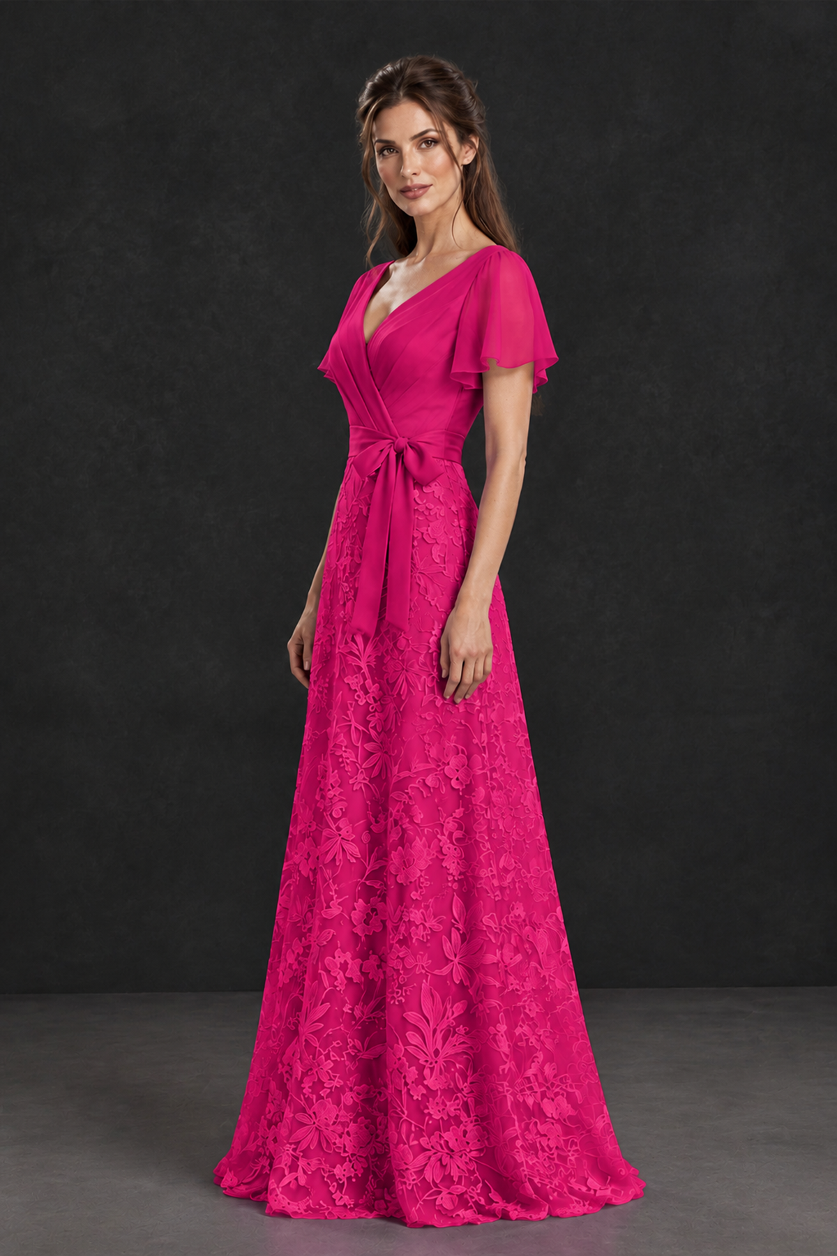 BOLODOO Hot Pink Flutter Sleeve Lace Mother of the Bride Dress - Hot Pink