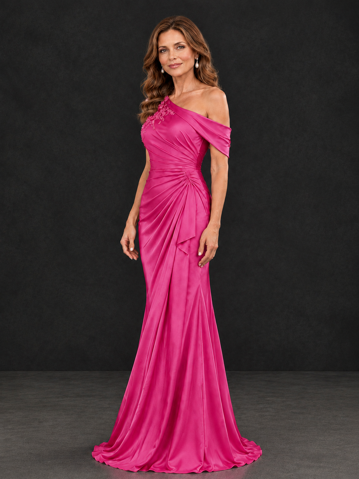 BOLODOO Hot Pink Asymmetric Satin Mother of the Bride Dress with Lace Sleeve - Hot Pink - Hot Pink (3)