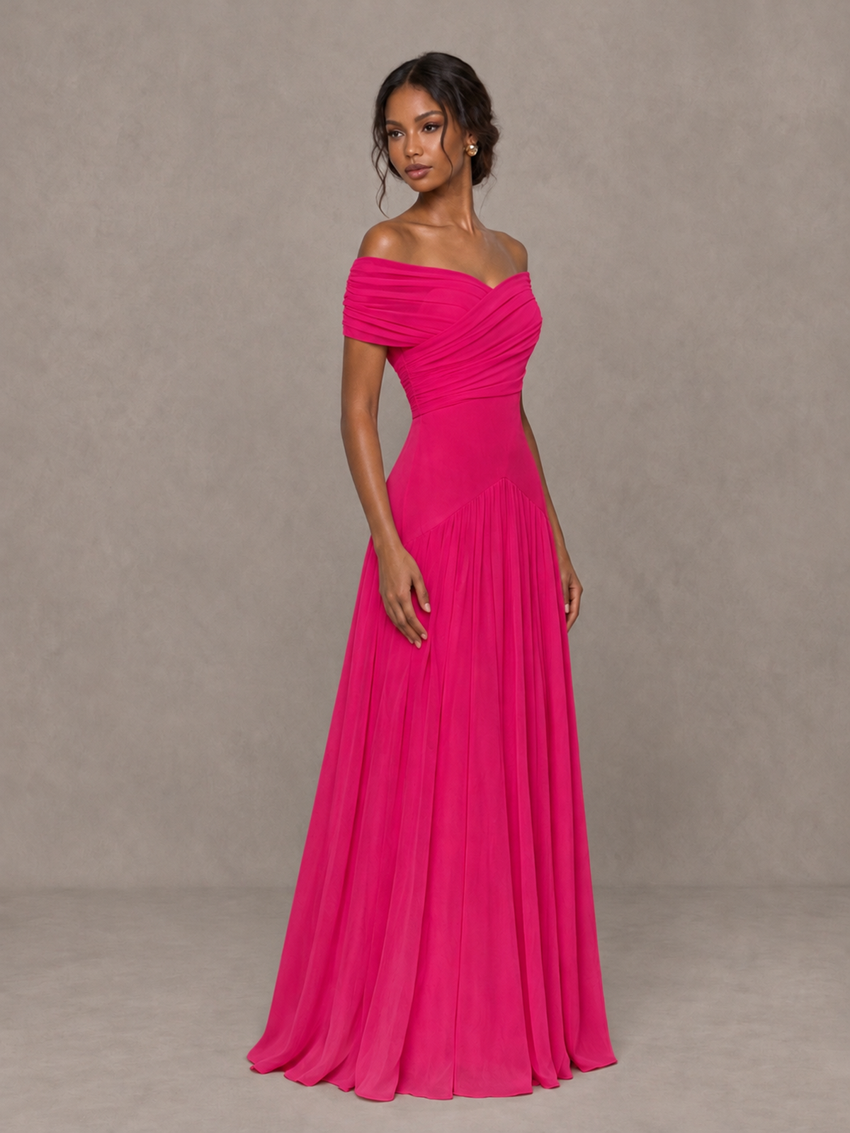 BOLODOO Hot Pink Off-Shoulder Ruched A-Line Bridesmaid Dress - Hot Pink - Hot Pink (3)