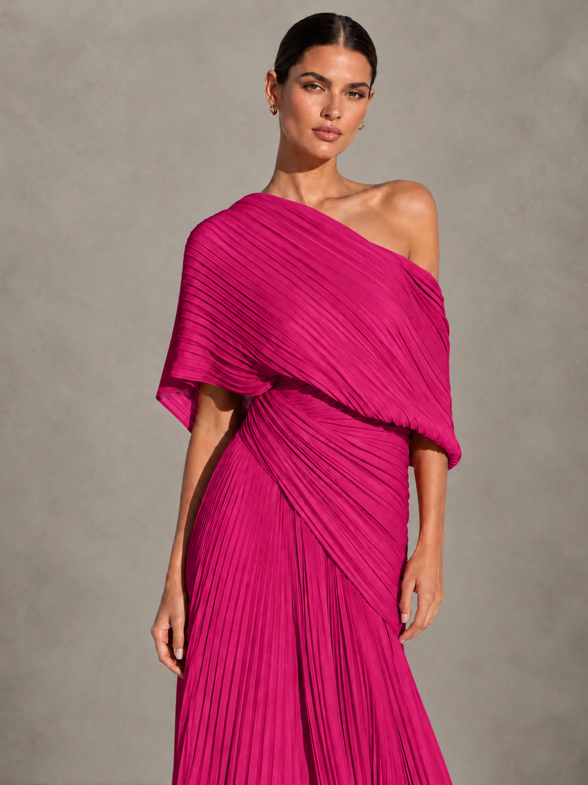 BOLODOO Hot Pink One-Shoulder Pleated Cape Evening Gown with Train - Hot Pink - Hot Pink (3)