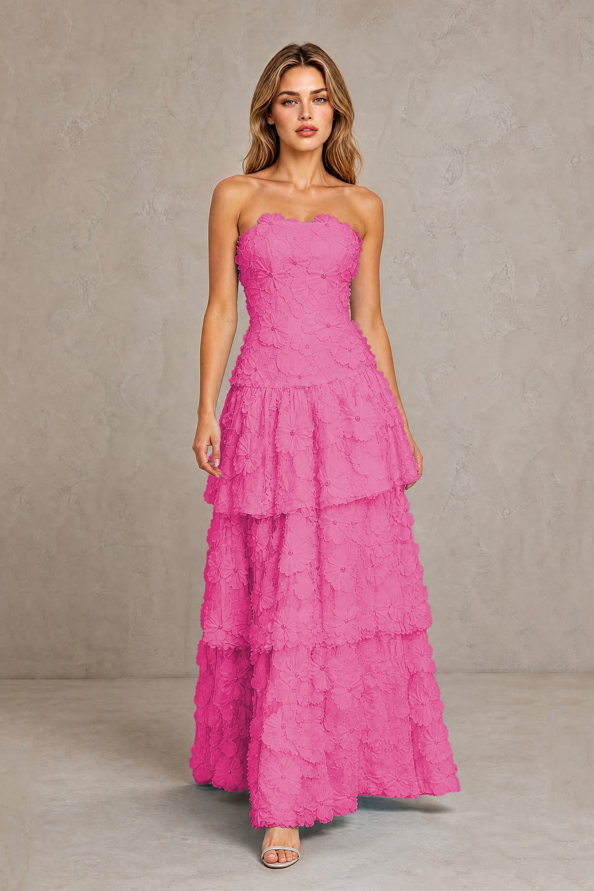 BOLODOO Hot Pink Strapless 3D Floral Tiered Evening Gown - Hot Pink