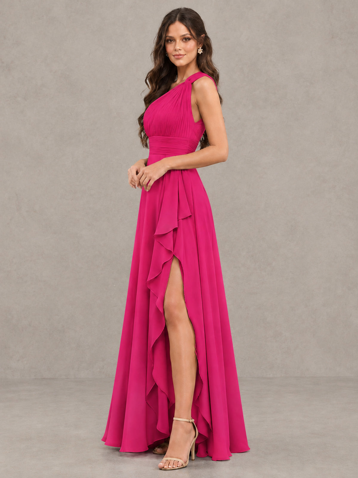 BOLODOO Hot Pink One-Shoulder Ruffle Bridesmaid Dress with Slit - Hot Pink - Hot Pink (3)