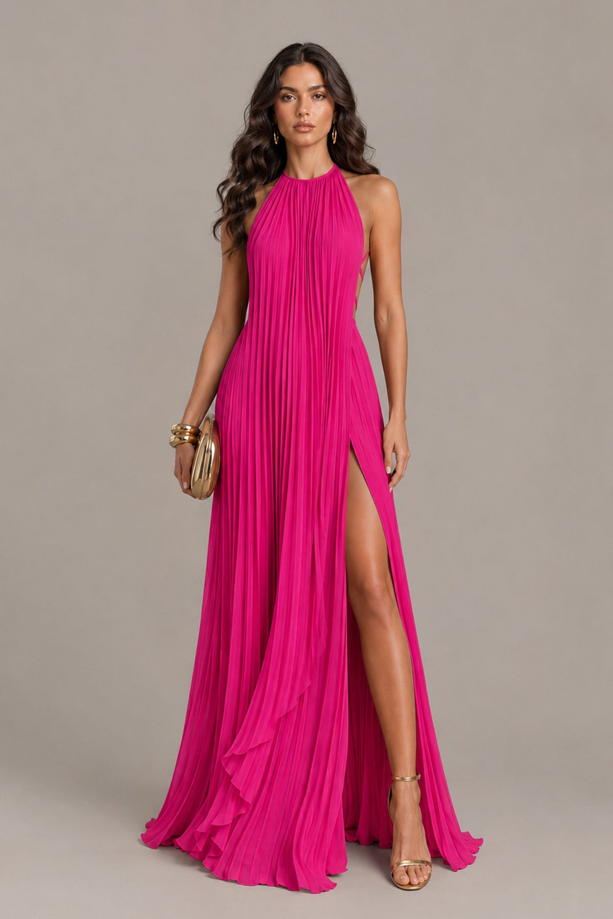 BOLODOO Hot Pink Halter Neck Pleated Chiffon Maxi Dress with Side Slit - Hot Pink