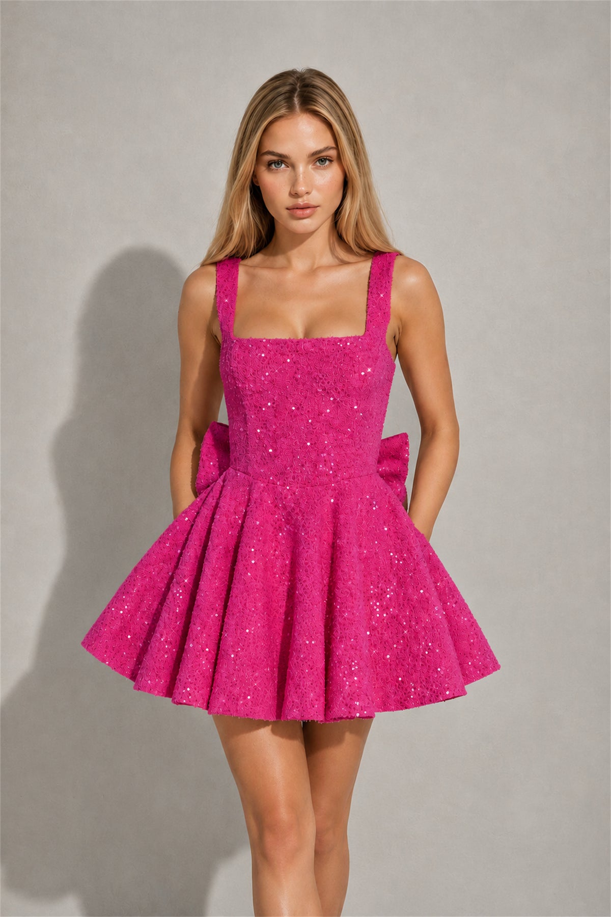 BOLODOO Hot Pink Sequin Square Neck Wide Strap Bow Waist Open Back Fit and Flare Mini Dress | Prom Birthday Party Dress - Hot Pink