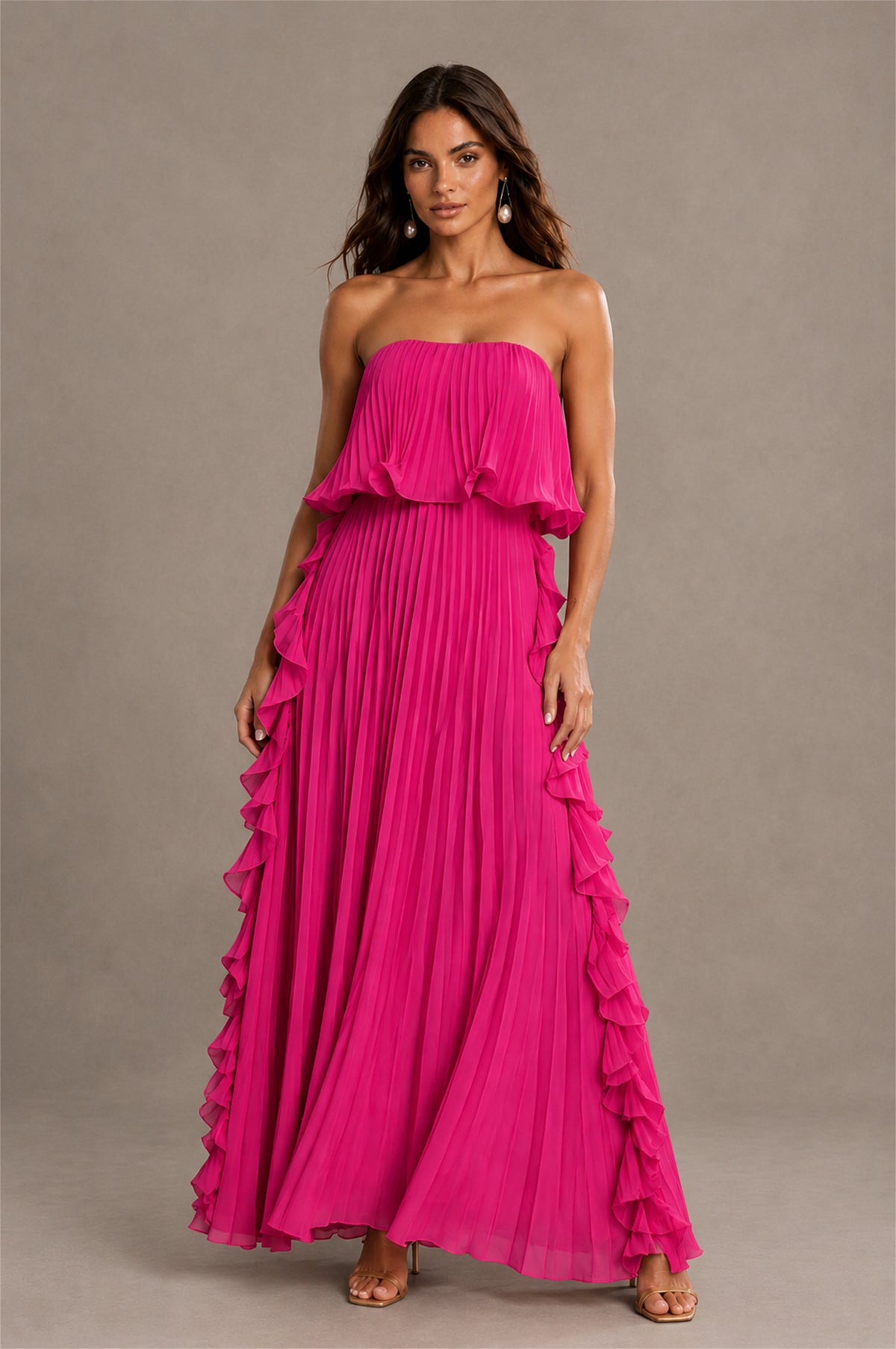BOLODOO Hot Pink Strapless Ruffle Bodice Dual Cascading Ruffle Accordion Pleated Chiffon Maxi Dress - Hot Pink