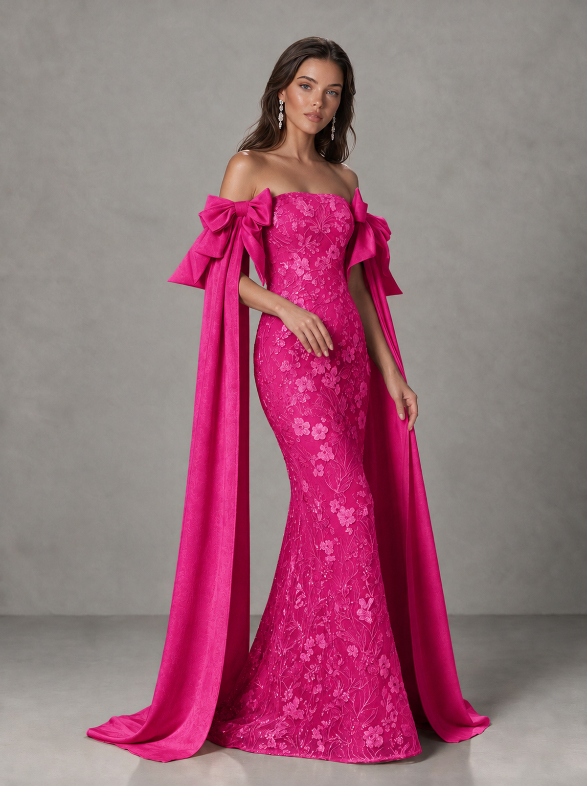 BOLODOO Hot Pink Floral Lace Mermaid Prom Dress with Off-Shoulder Bows - Hot Pink - Hot Pink (3)