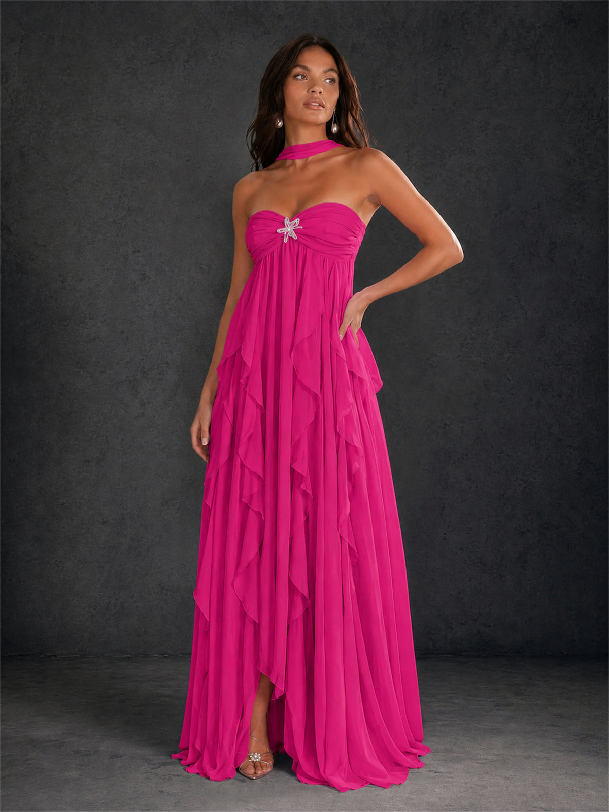 BOLODOO Hot Pink Halter Neck Cascading Ruffle Chiffon Maxi Dress | Keyhole Open Back - Hot Pink