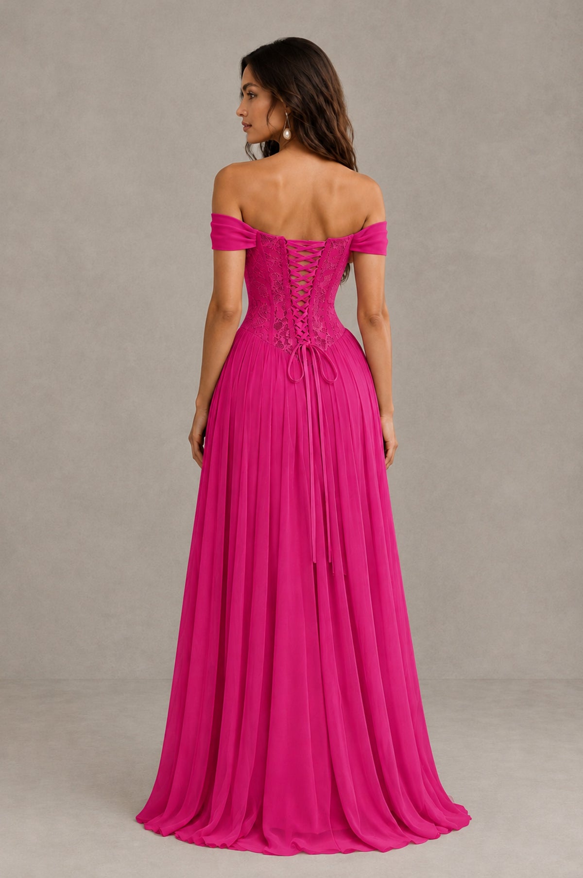 BOLODOO Hot Pink Off-Shoulder Lace Corset Tulle Maxi Dress - Hot Pink - Hot Pink (3)