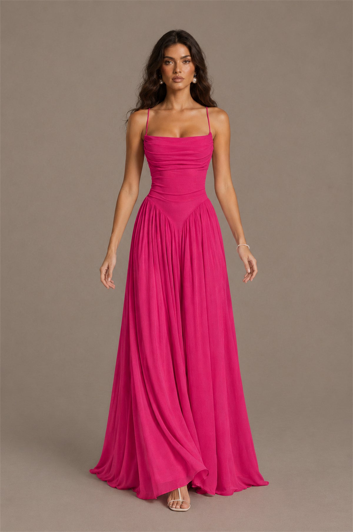BOLODOO Hot Pink Spaghetti Strap Square Neck Ruched Chiffon Maxi Dress with Lace-Up Back - Hot Pink