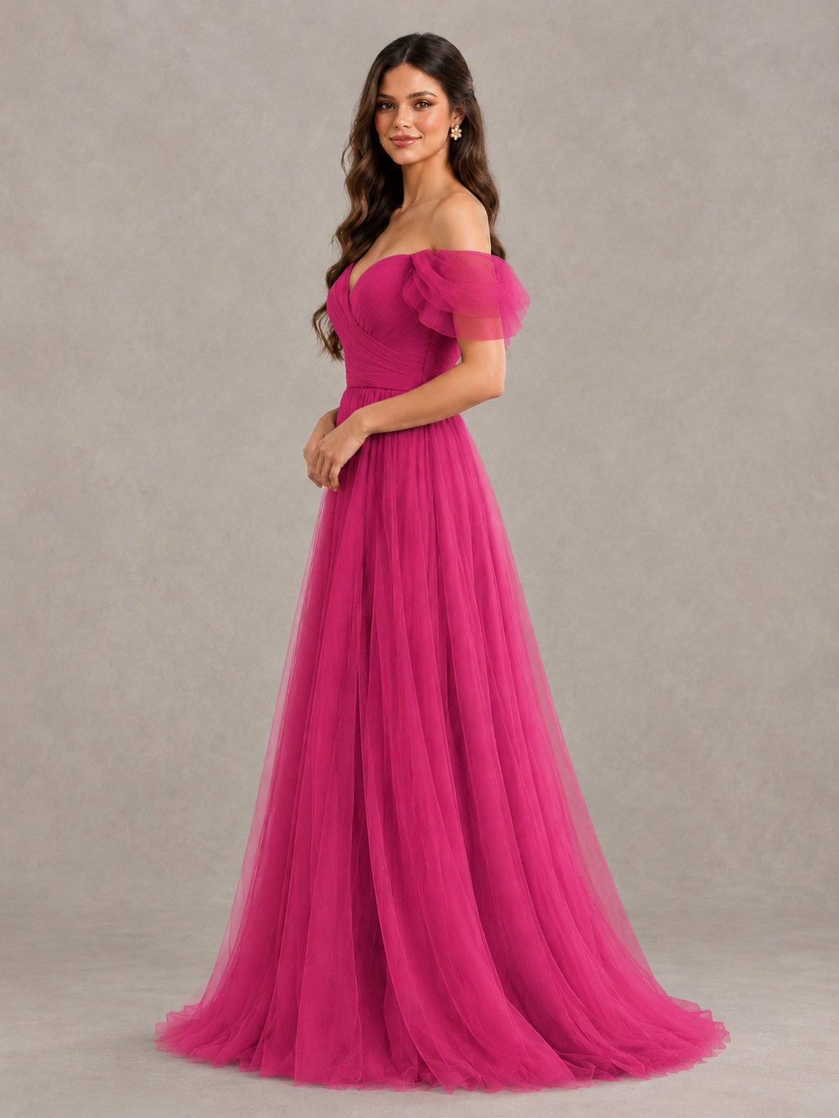 BOLODOO Hot Pink Off-the-Shoulder Ruffle Sleeve A-Line Bridesmaid Dress - Hot Pink - Hot Pink (3)