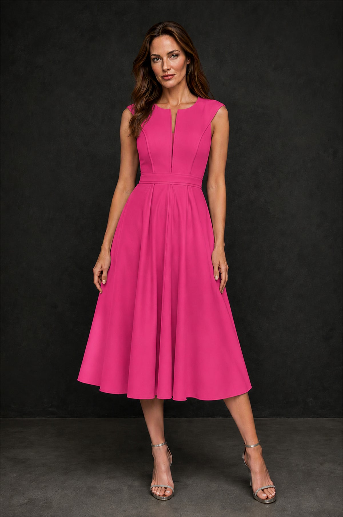 BOLODOO Hot Pink 3D Rosette Appliqué 3/4 Sleeve Jacket & V-Notch Sleeveless A-Line Tea-Length Two-Piece Dress Set - Hot Pink