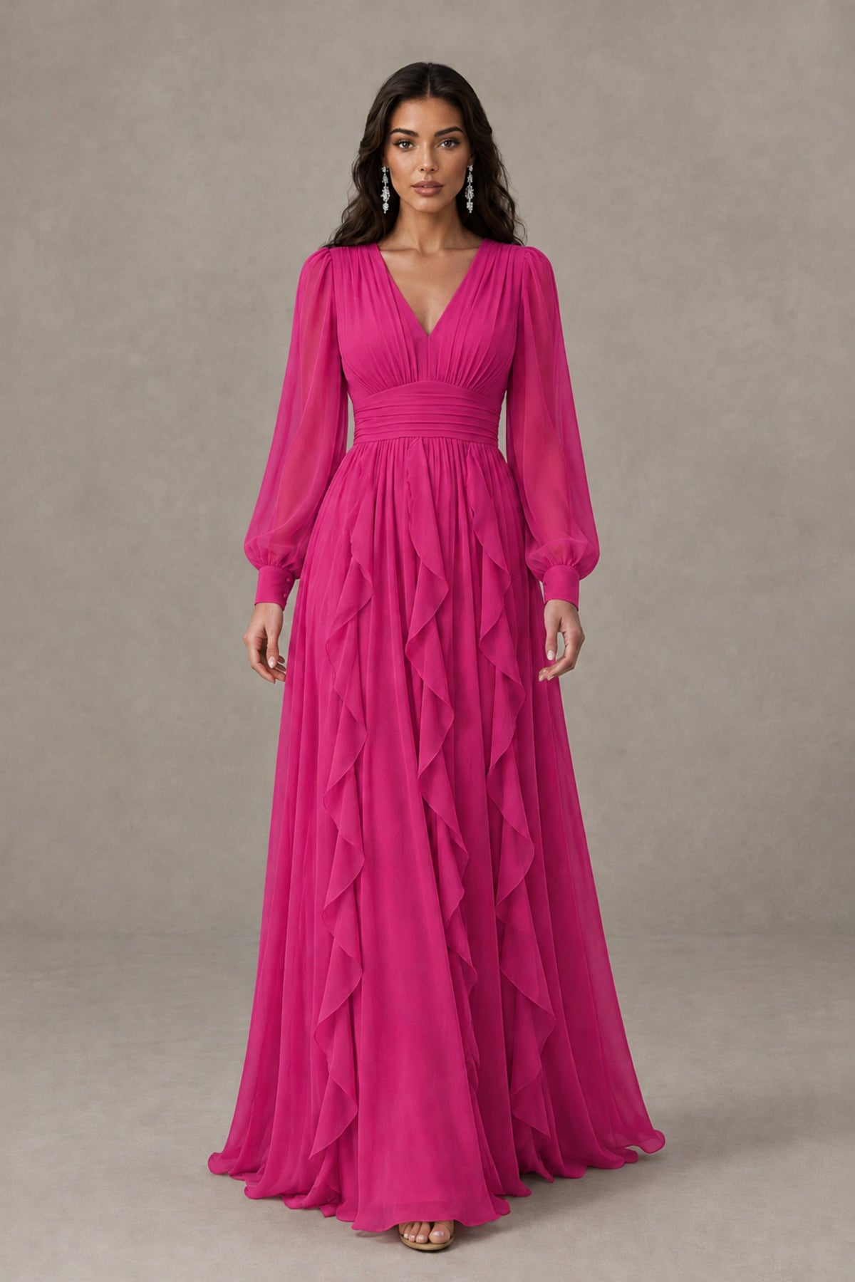 BOLODOO Hot Pink Long Sleeve V-Neck Ruffle Maxi Dress - Hot Pink