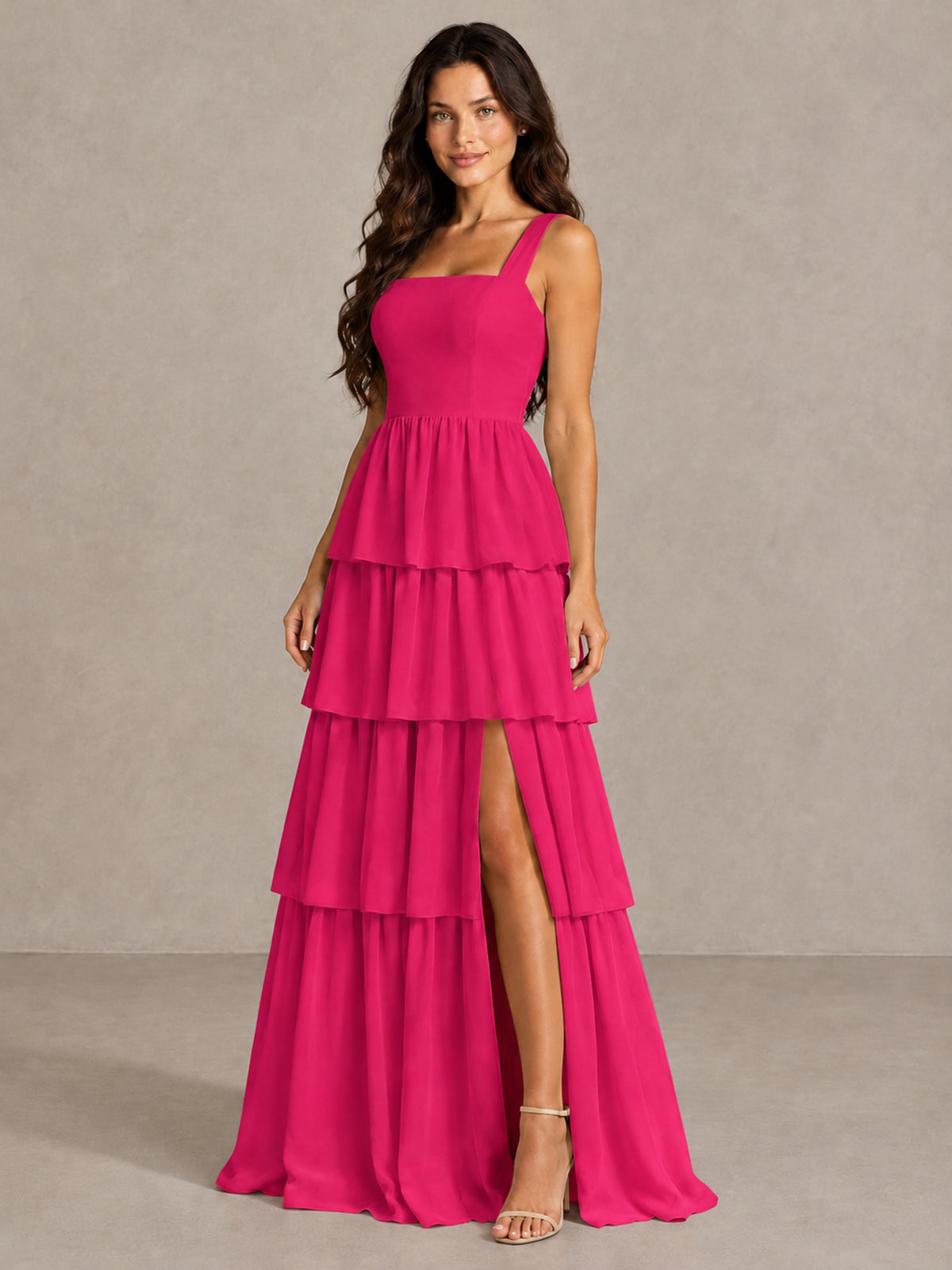 BOLODOO Hot Pink Square Neck Tiered Bridesmaid Dress with Slit - Hot Pink - Hot Pink (3)