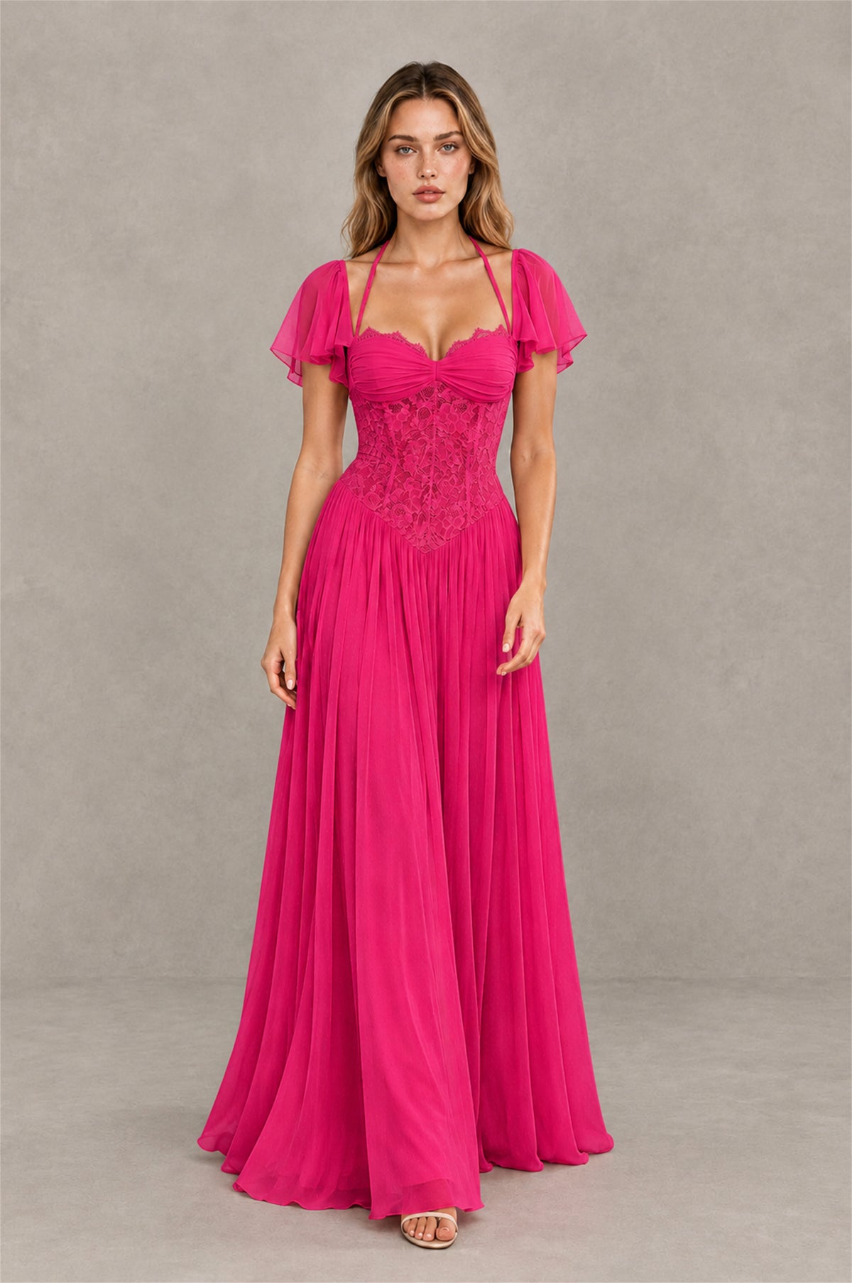 BOLODOO Hot Pink Flutter Sleeve Lace Corset A-Line Maxi Dress - Hot Pink - Hot Pink (3)