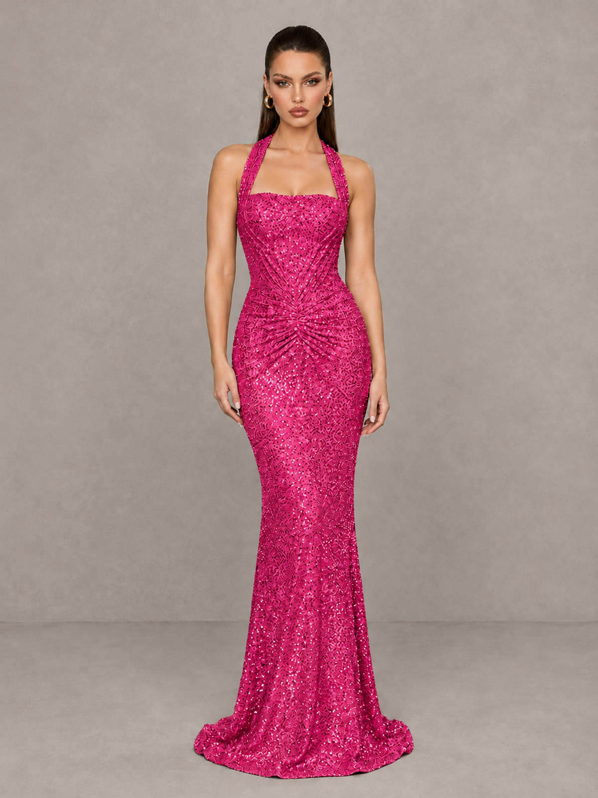 BOLODOO Hot Pink Sequin Halter Mermaid Evening Gown - Hot Pink - Hot Pink (3)