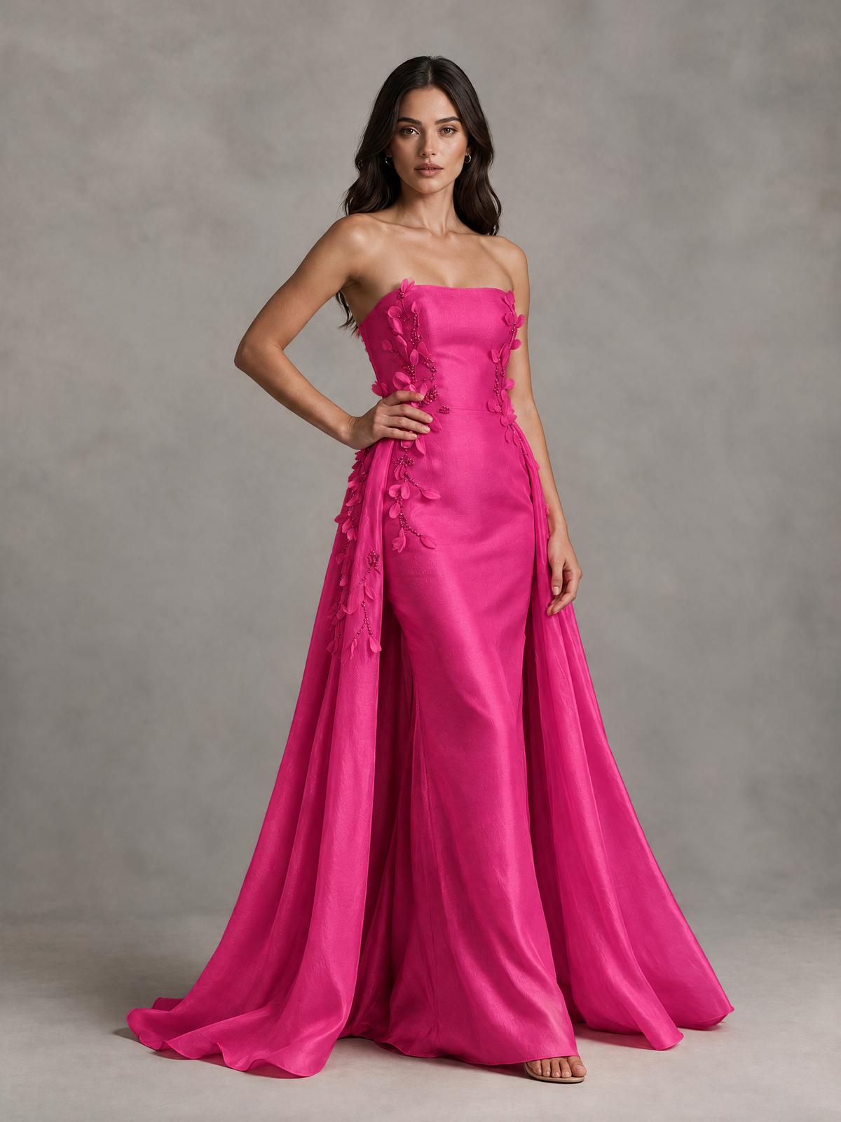 BOLODOO Hot Pink Strapless Floral Applique Prom Dress with Overskirt - Hot Pink - Hot Pink (3)