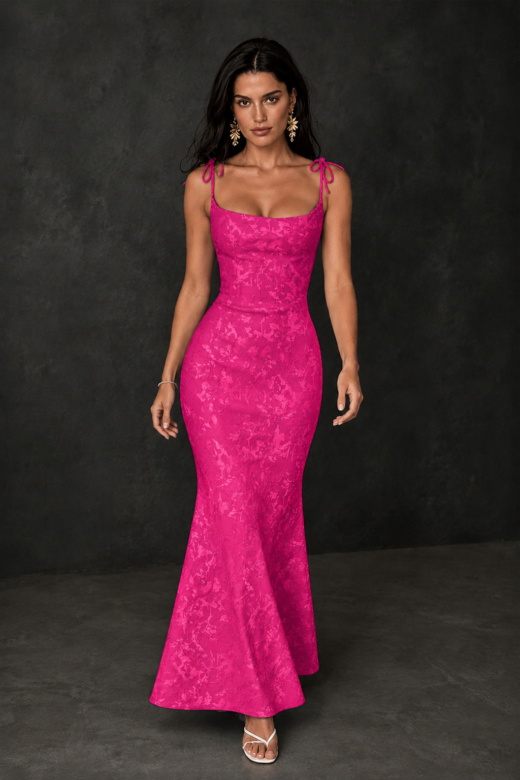 BOLODOO Hot Pink Scoop Neck Tie Strap Lace-Up Back Floral Jacquard Mermaid Maxi Dress - Hot Pink
