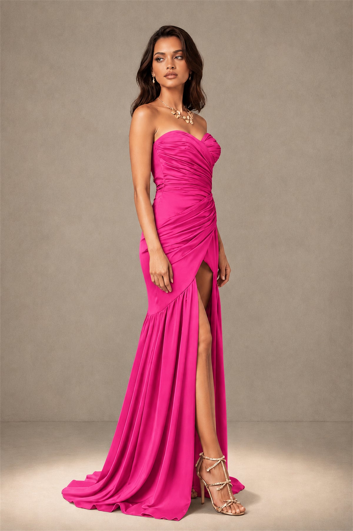 BOLODOO Hot Pink Brown Stretch Satin Sweetheart Strapless Ruched Open Back High Slit Mermaid Maxi Dress - Hot Pink