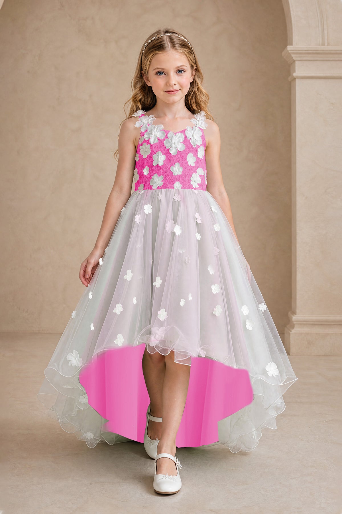 BOLODOO Hot Pink Flower Girl Dress with Floral Appliqué and High-Low Tulle Skirt - Hot Pink