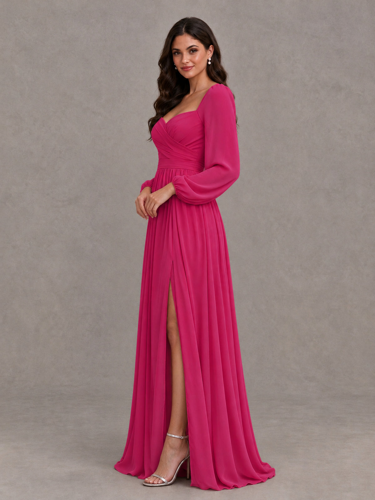 BOLODOO Hot Pink Long Sleeve Chiffon Bridesmaid Dress with Slit - Hot Pink - Hot Pink (3)