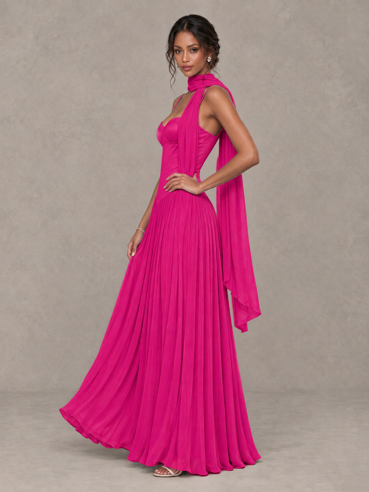 BOLODOO Hot Pink Corset Bridesmaid Dress with Scarf - Hot Pink - Hot Pink (3)