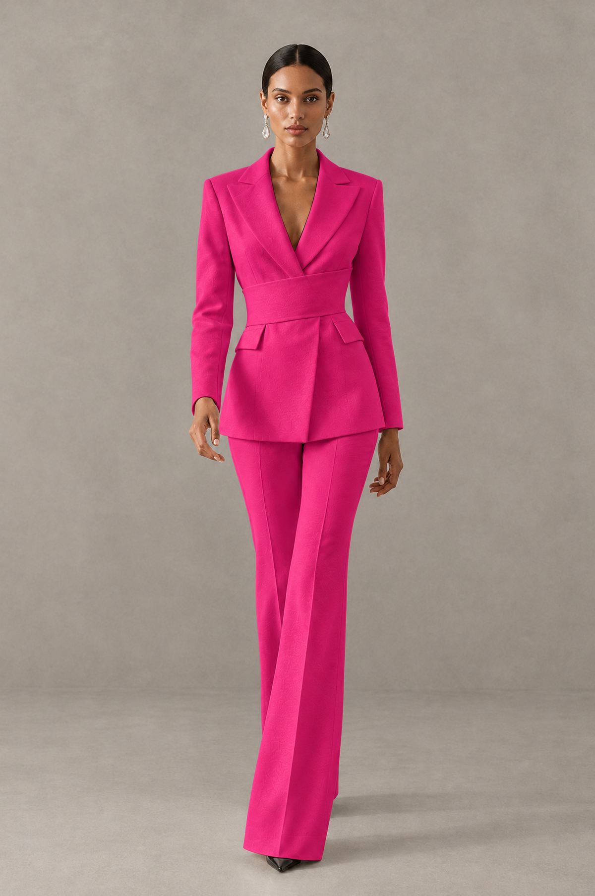 BOLODOO Hot Pink Two-Piece Pantsuit with Tailored Blazer & Flared Pants - Hot Pink - Hot Pink (3)