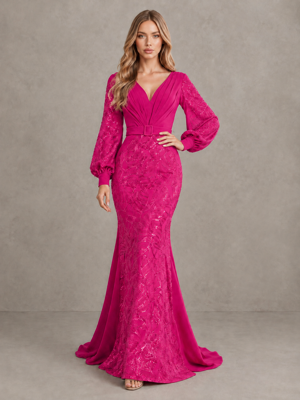 BOLODOO Hot Pink Sequin Long Bishop Sleeve Mermaid Evening Dress - Hot Pink - Hot Pink (3)