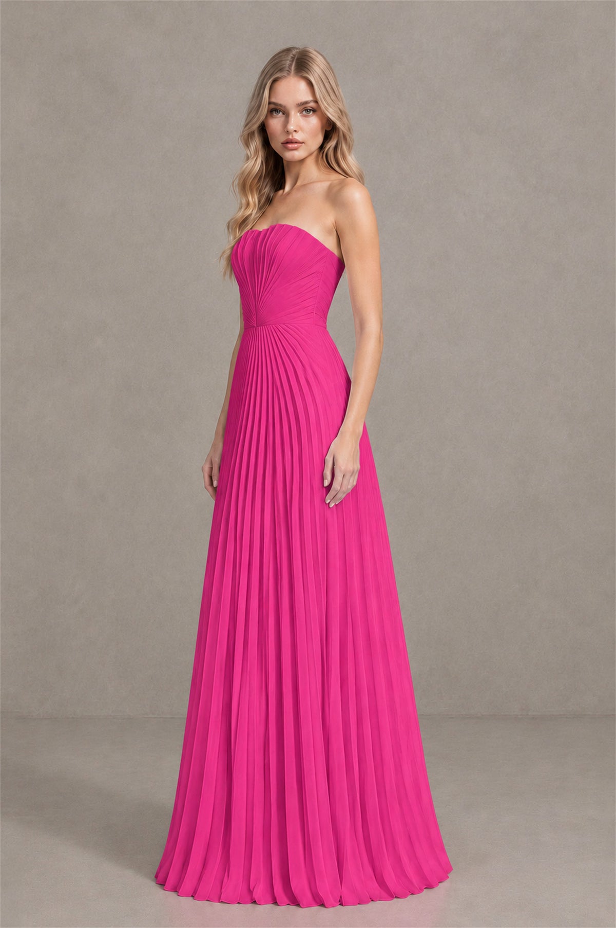 BOLODOO Hot Pink Strapless Sunburst Pleated Twisted Knot Lace-Up Back Accordion Pleated Chiffon Maxi Dress - Hot Pink