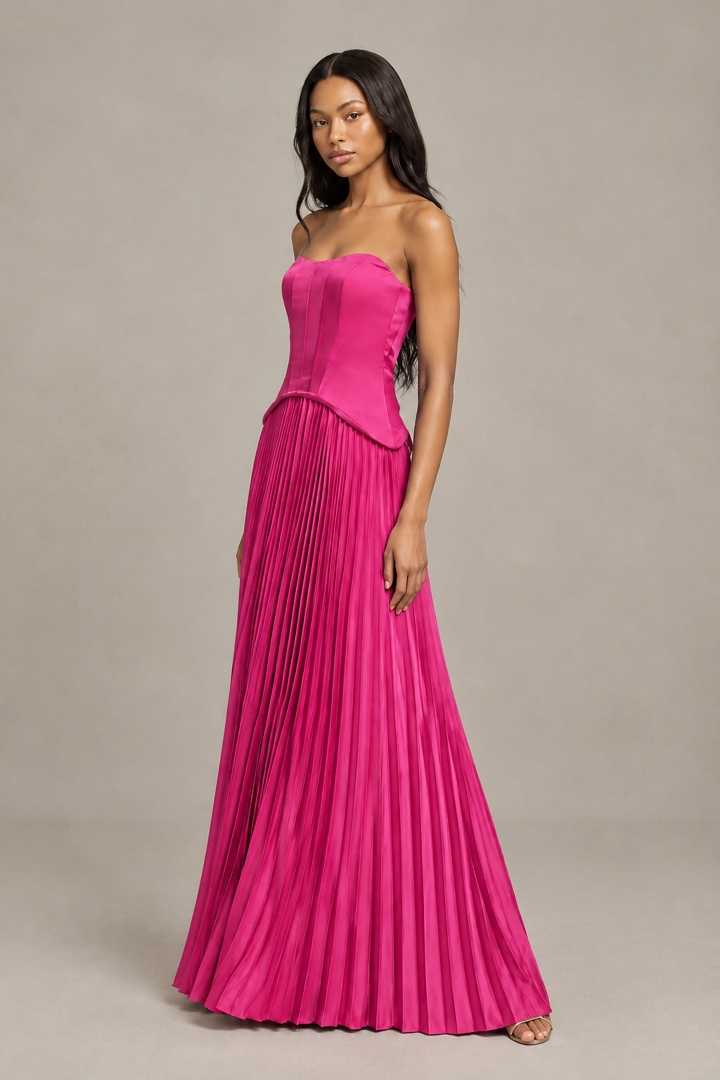 BOLODOO Hot Pink Strapless Pleated Satin Evening Prom Dress - Hot Pink