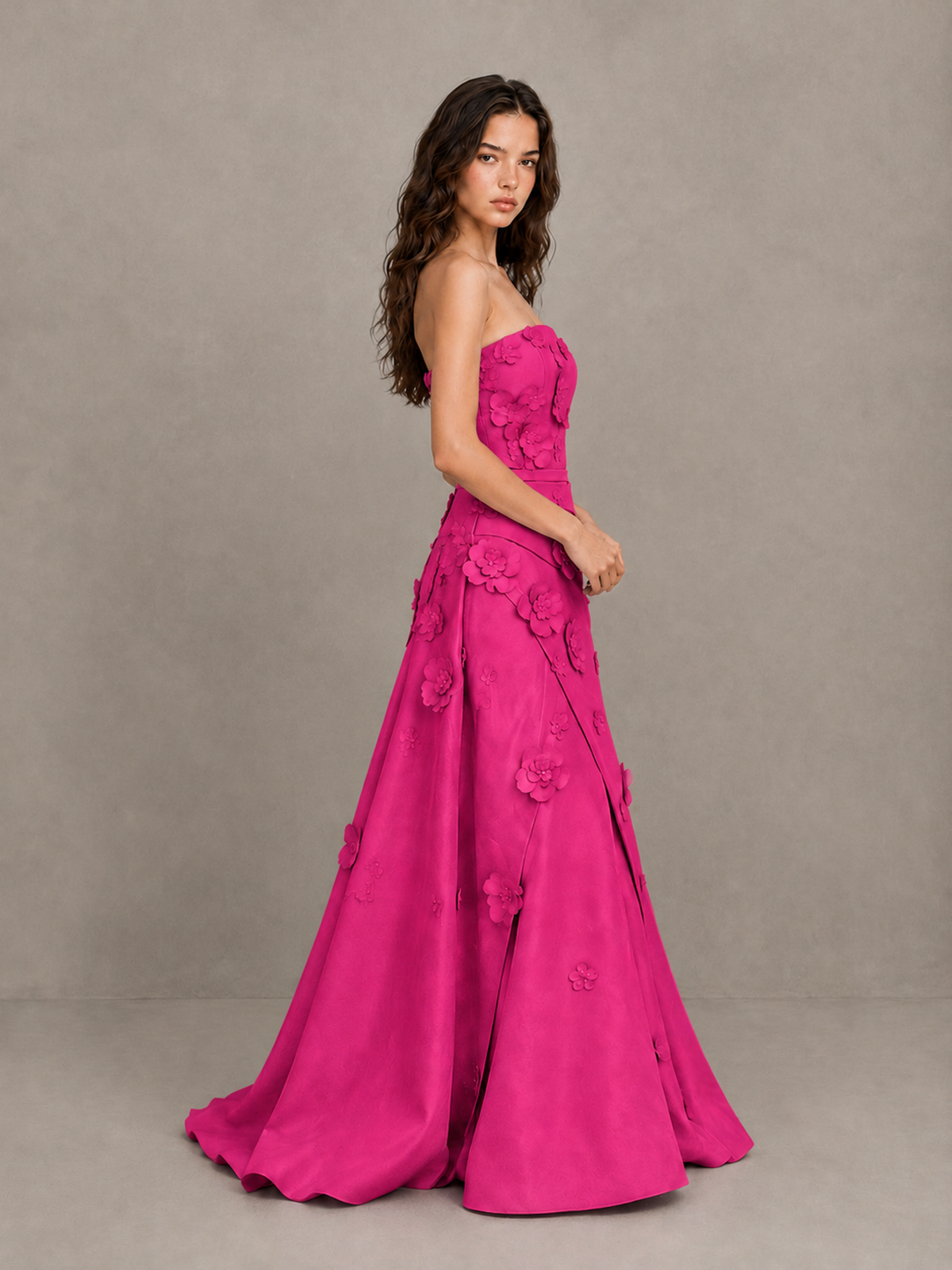 BOLODOO Hot Pink Strapless 3D Floral Applique Prom Gown with Draped Skirt - Hot Pink - Hot Pink (3)