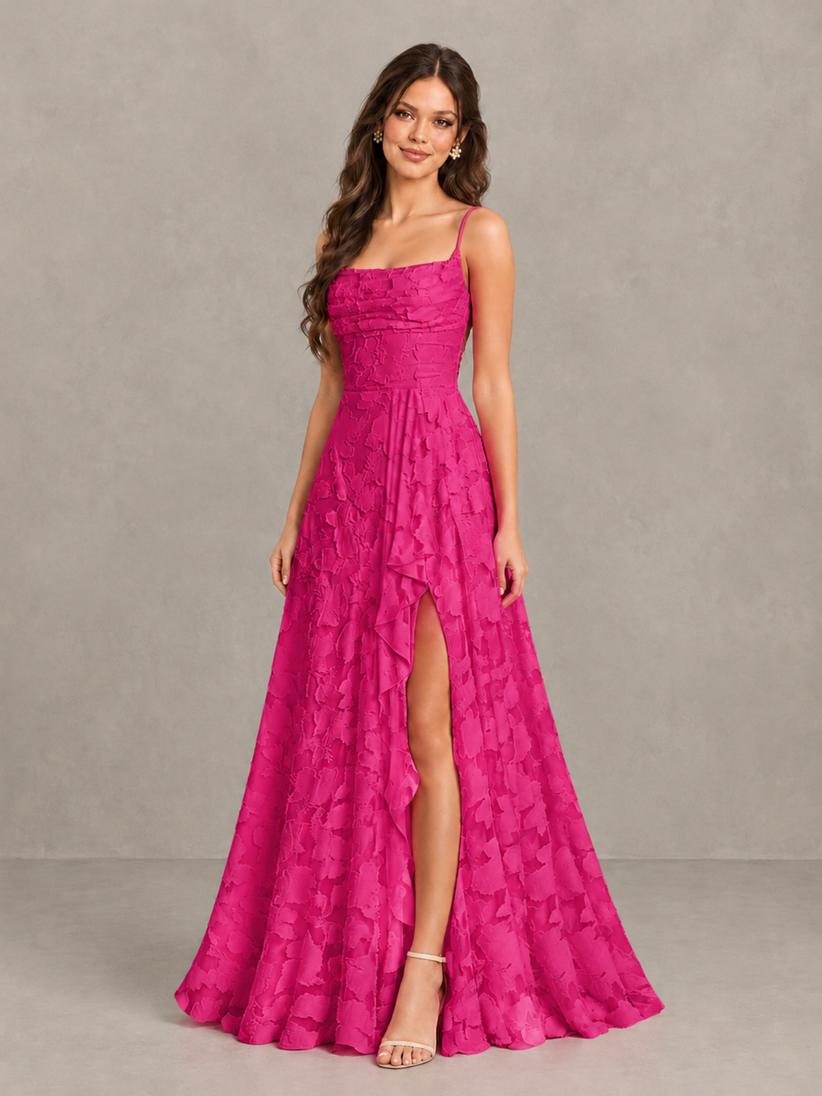 BOLODOO Hot Pink Floral Appliqué Slit Maxi Dress - Hot Pink - Hot Pink (3)