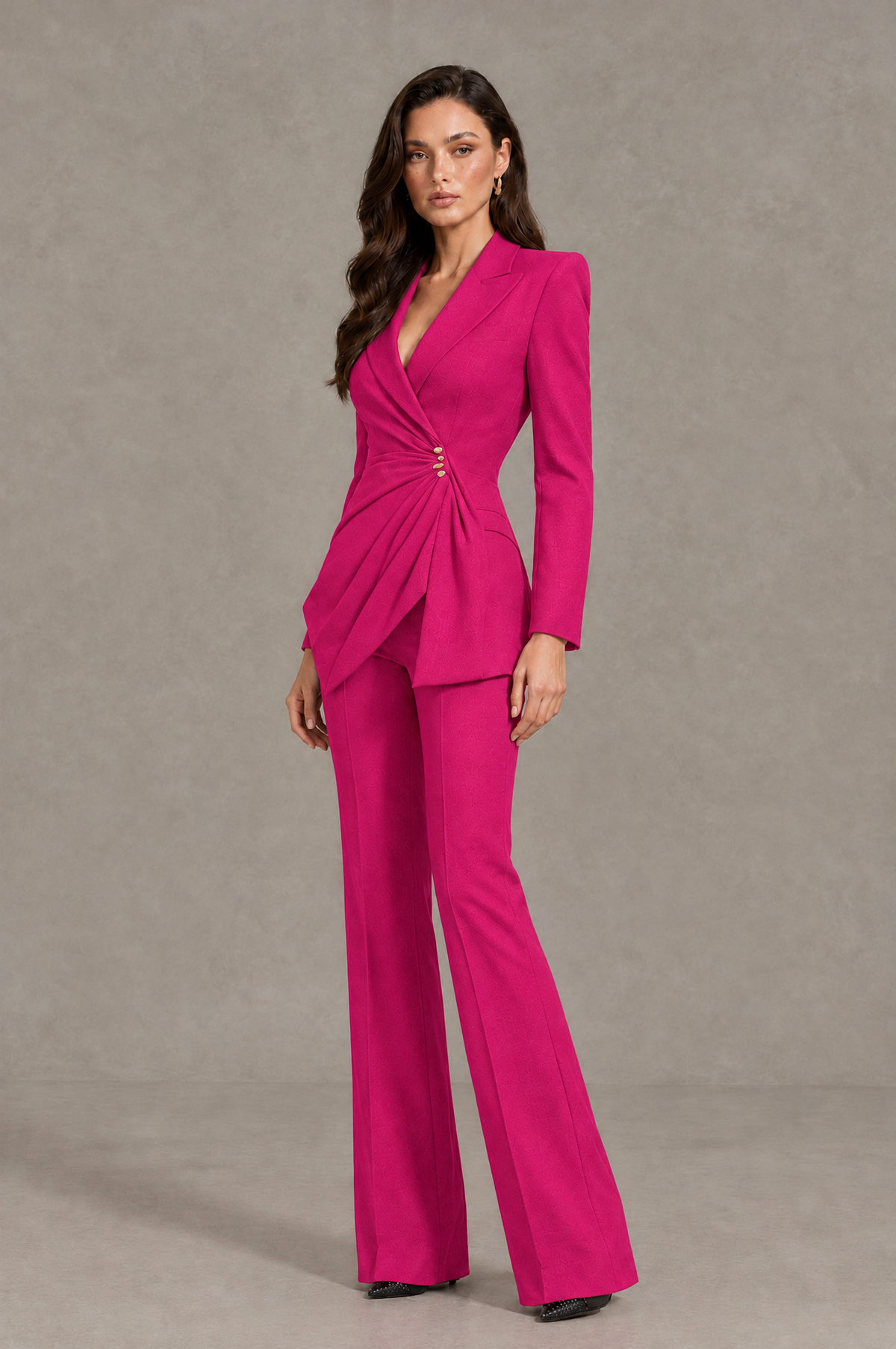 BOLODOO Hot Pink Long Sleeve Wrap Blazer Pantsuit with Wide-Leg Trousers - Hot Pink - Hot Pink (3)
