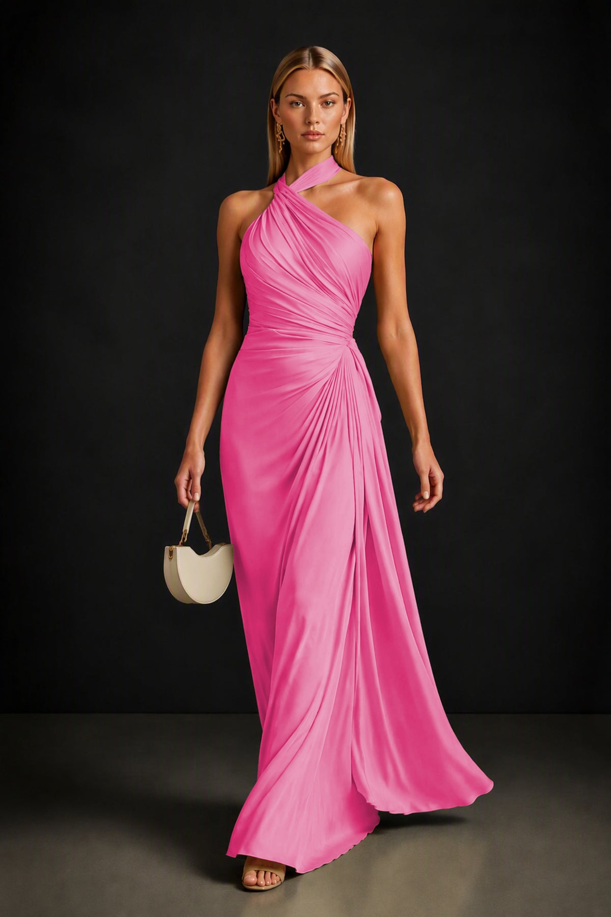 BOLODOO Hot Pink Twisted Halter Neck Ruched Sleeveless Open Back Floor-Length Gown - Hot Pink