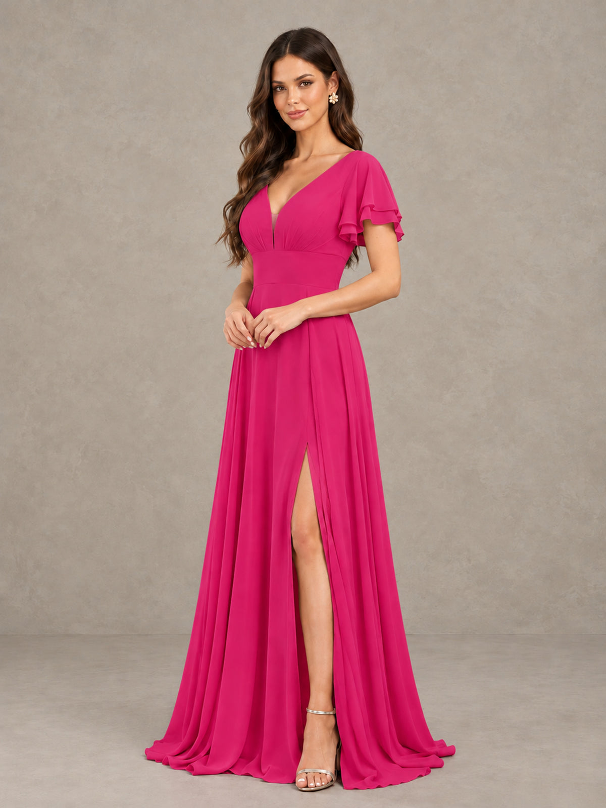 BOLODOO Hot Pink Flutter Sleeve Chiffon A-Line Maxi Bridesmaid Dress with Open Back & Slit - Hot Pink - Hot Pink (3)