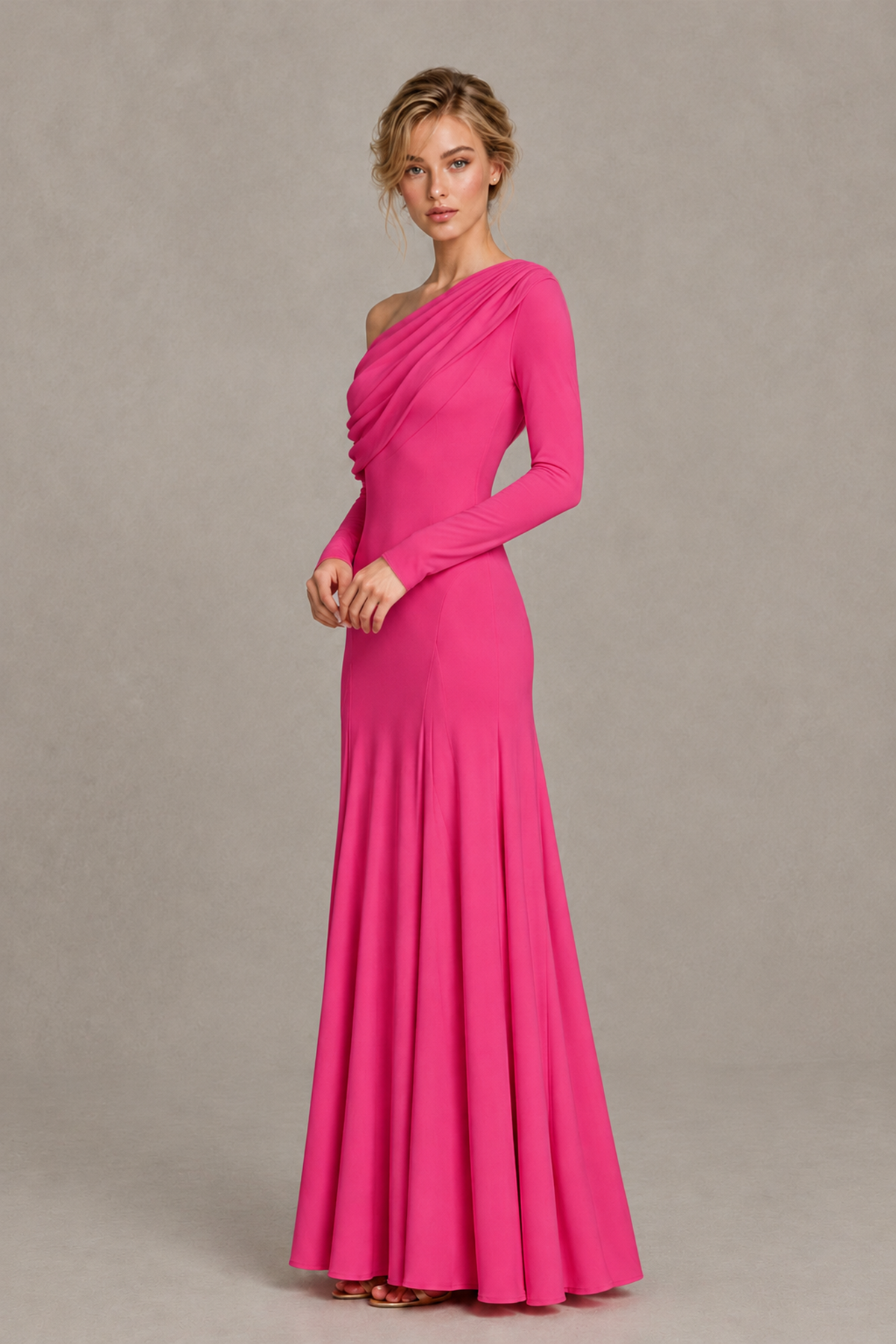 BOLODOO Hot Pink Asymmetric Draped Long Sleeve Evening Gown - Hot Pink