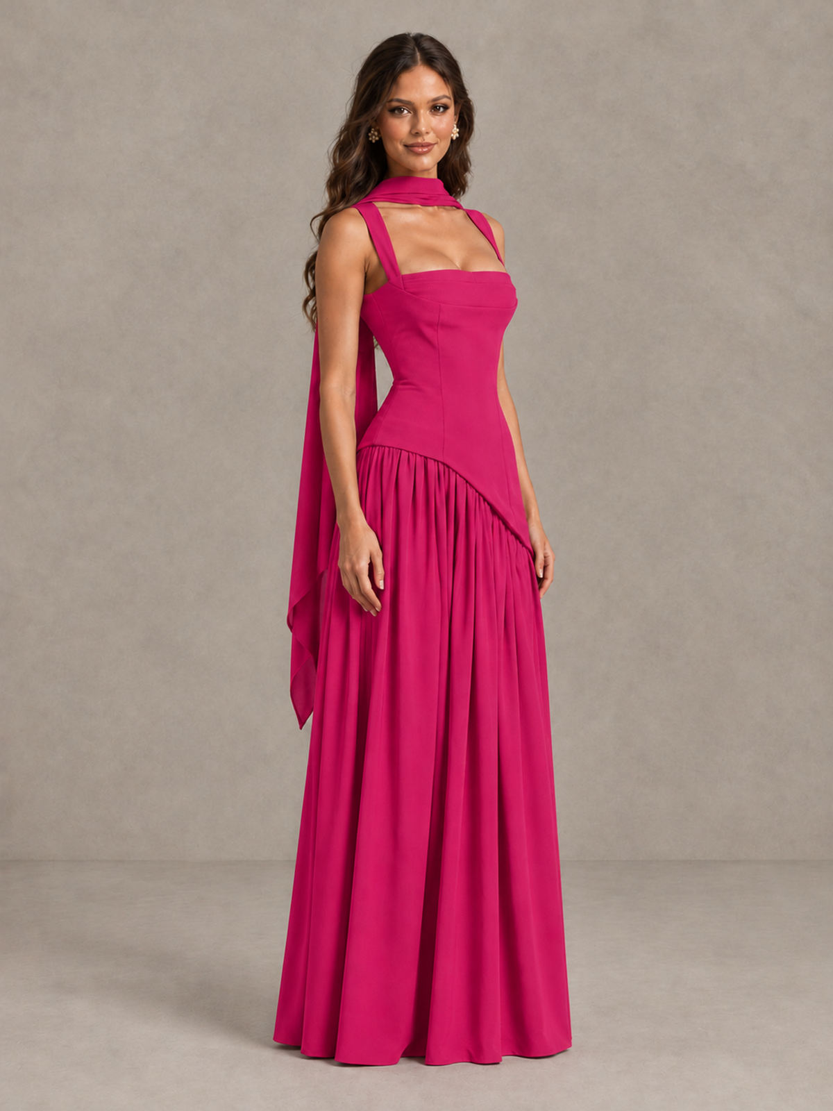 BOLODOO Hot Pink Brown Scarf Bridesmaid Dress with Lace-Up Back - Hot Pink - Hot Pink (3)