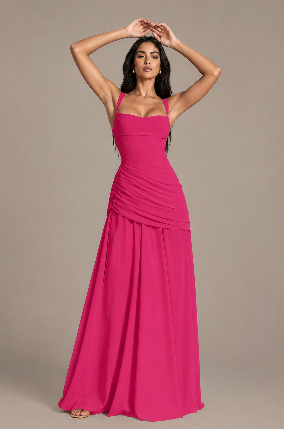 BOLODOO Square Neck Ruched A-Line Maxi Dress - Hot Pink Backless Evening Gown - Hot Pink