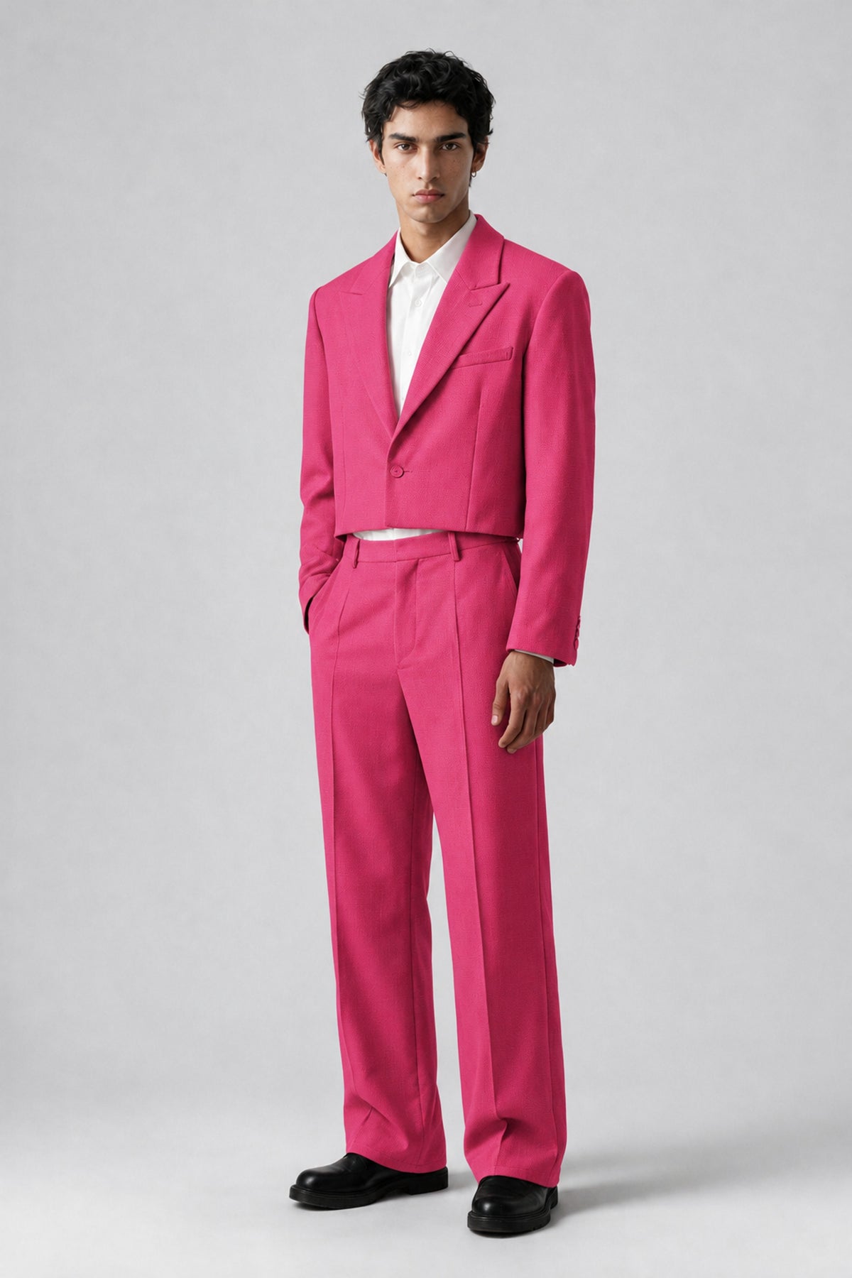 Bolodoo Men's Hot Pink Cropped Blazer & Wide-Leg Trousers 2-Piece Suit - Hot_Pink - Hot_Pink (3)