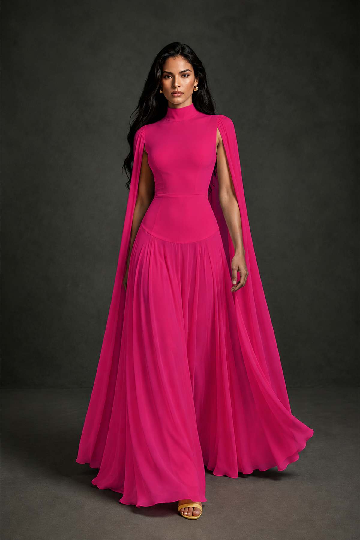 BOLODOO Hot Pink Mock Neck Cape Sleeve A-Line Chiffon Maxi Dress - Hot Pink