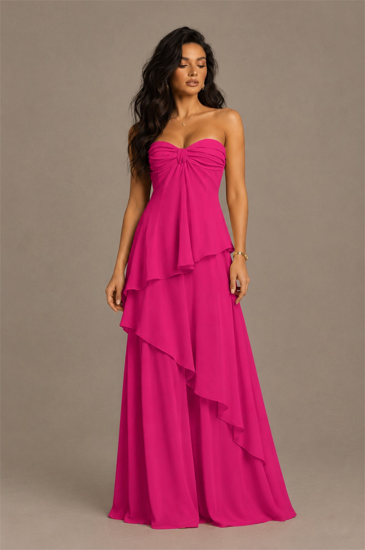 BOLODOO Hot Pink Strapless Sweetheart Knotted Chiffon Tiered Maxi Dress with Lace-Up Back - Hot Pink