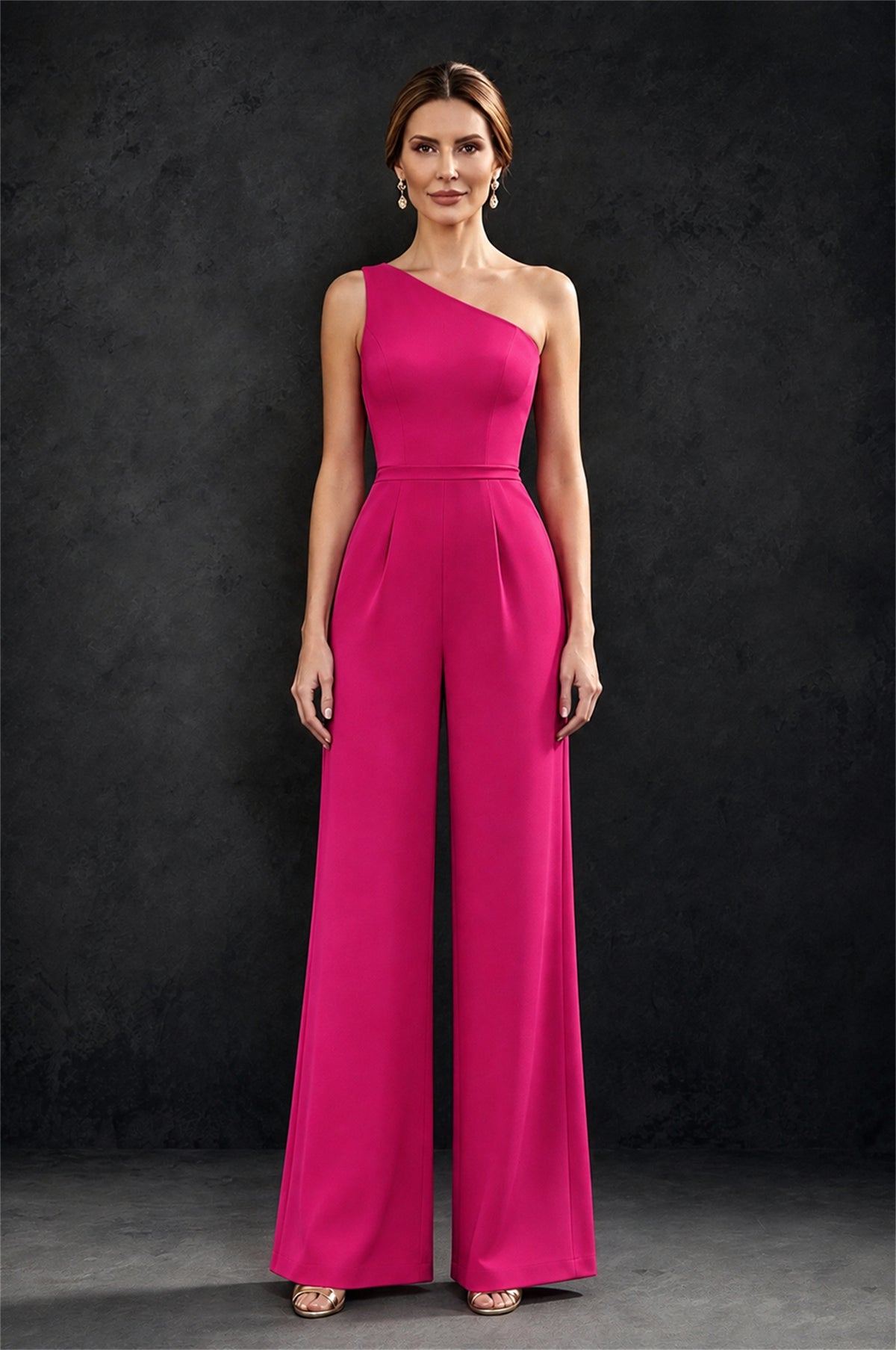 BOLODOO Hot Pink 2-Piece Set: Off-Shoulder 3D Floral Cape Gown & One-Shoulder Wide-Leg Jumpsuit | BD0373 - Hot Pink