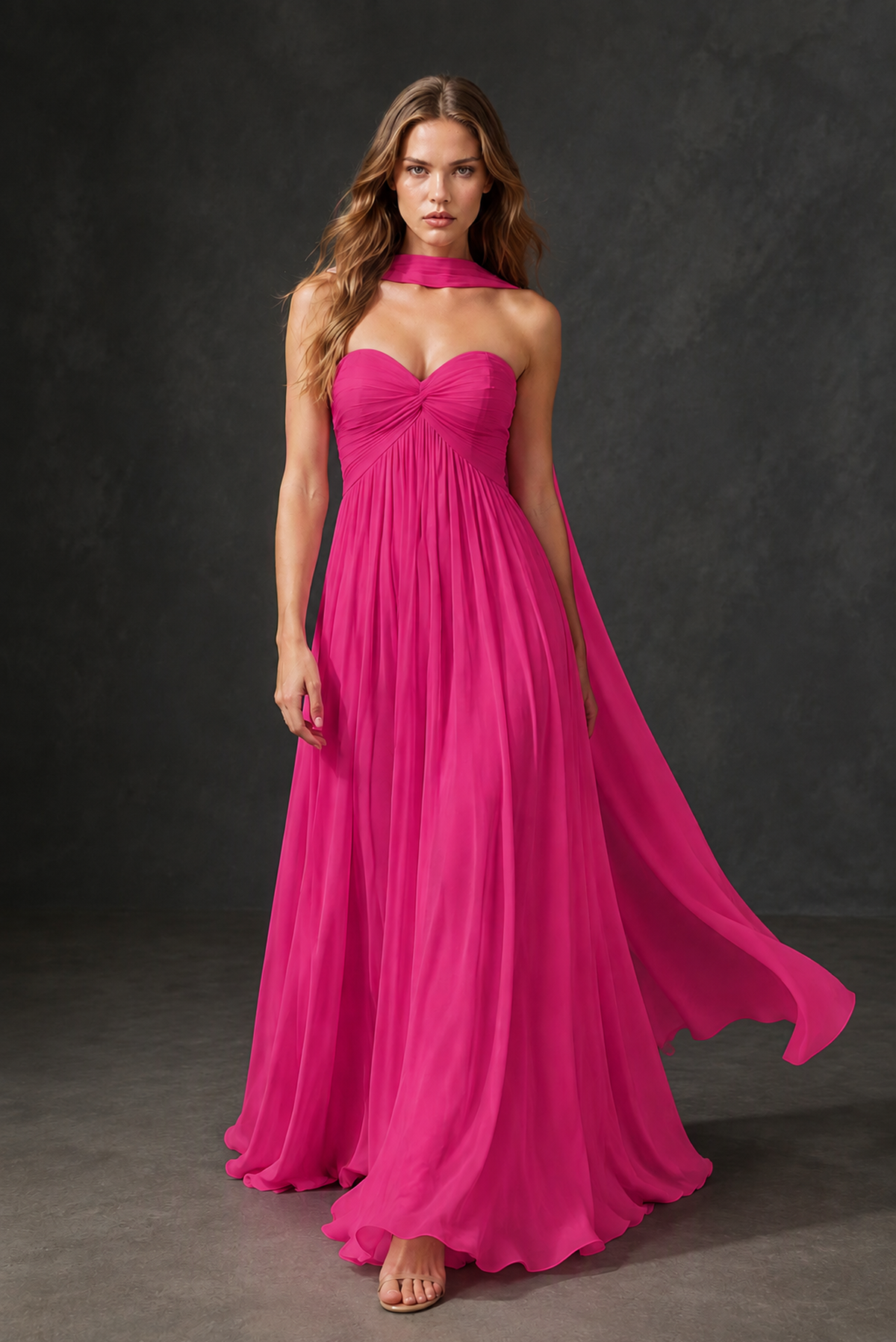 BOLODOO Hot Pink Sweetheart Strapless Twist Knot Detached Halter Scarf Lace-Up Back Empire Waist Chiffon Maxi Dress - Hot Pink