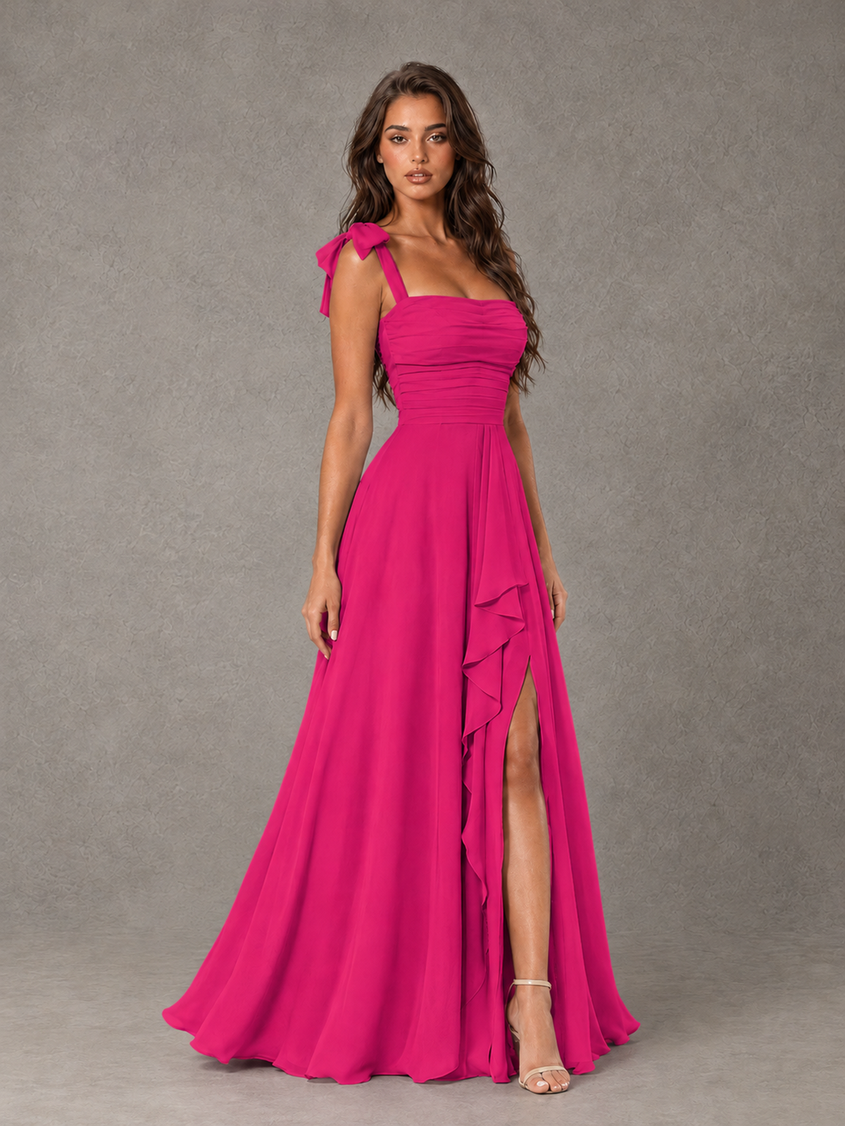BOLODOO Hot Pink Bow-Strap Bridesmaid Dress with Ruffle Slit - Hot Pink - Hot Pink (3)
