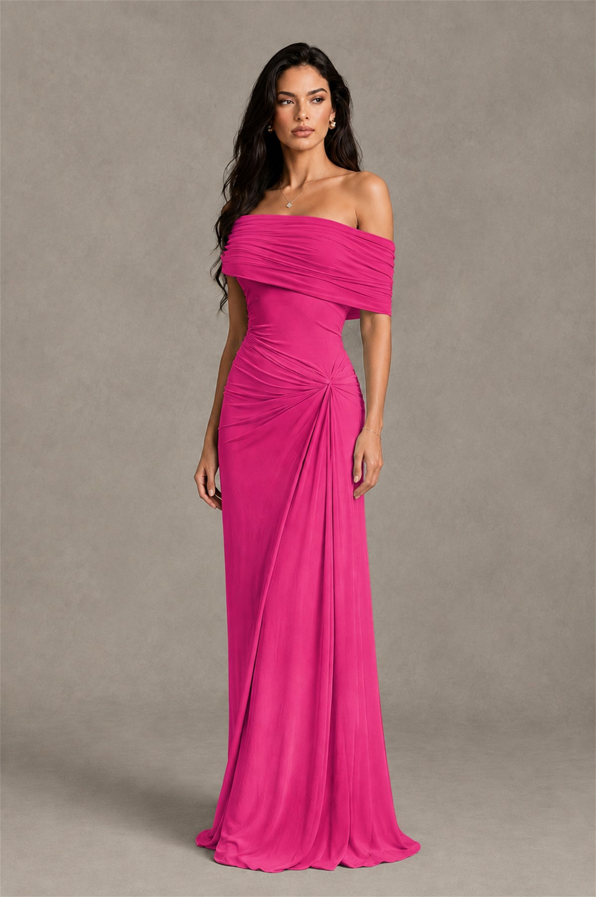 BOLODOO Hot Pink Off-Shoulder Ruched Maxi Dress - Hot Pink