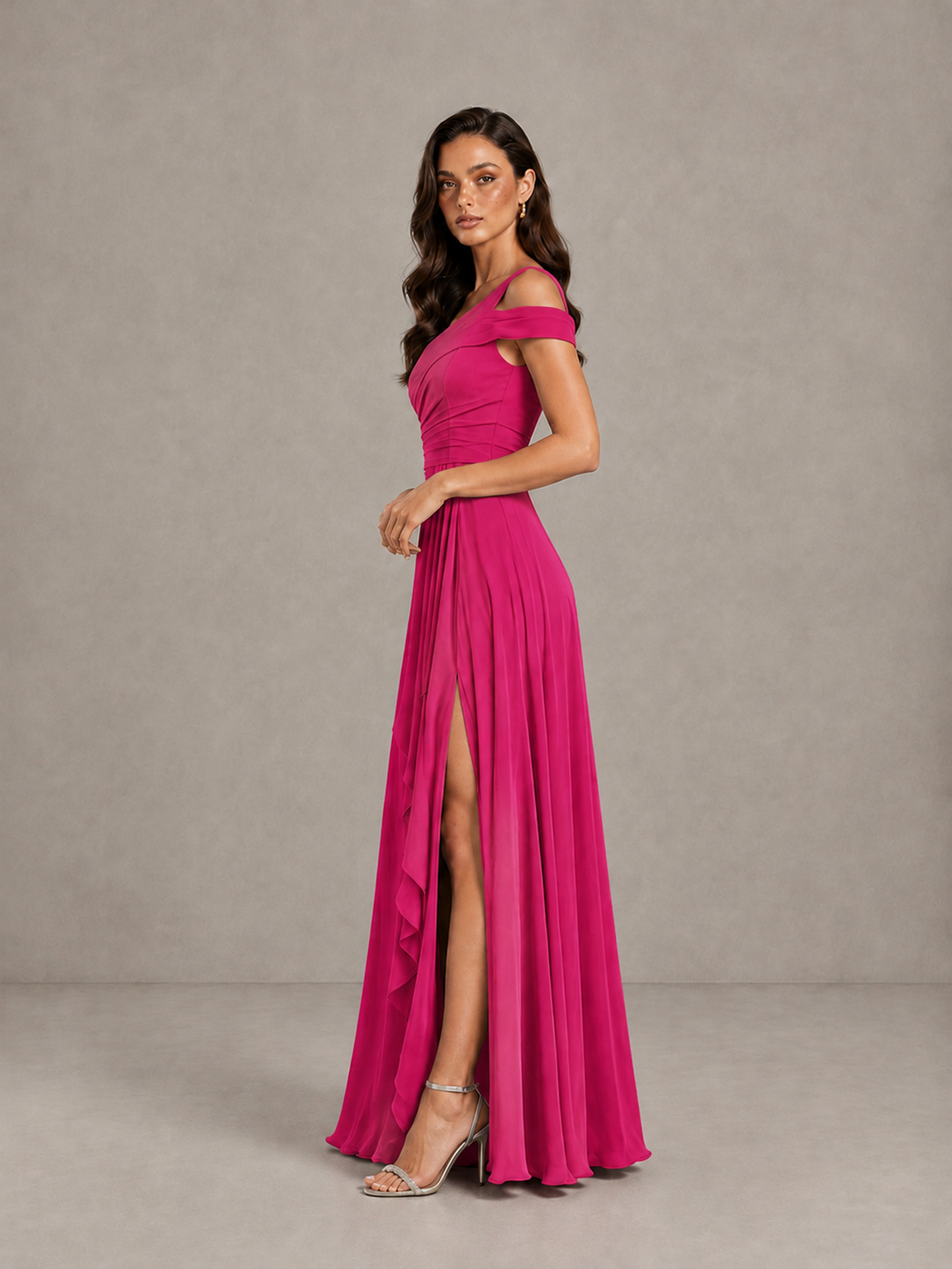 BOLODOO Hot Pink One-Shoulder Bridesmaid Dress with Side Slit - Hot Pink - Hot Pink (3)