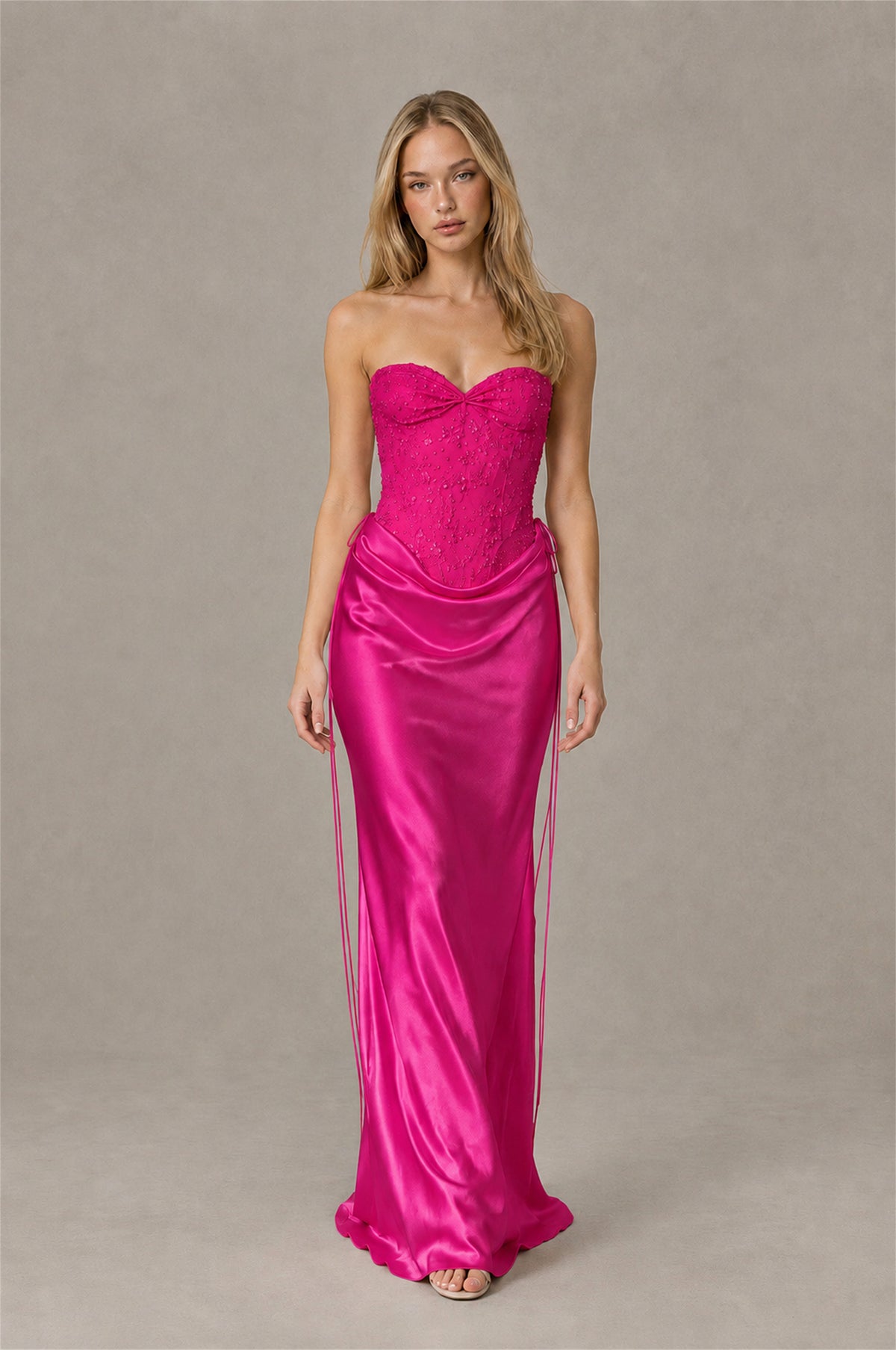 BOLODOO Hot Pink Strapless Embellished Corset Satin-Look Maxi Dress - Hot Pink