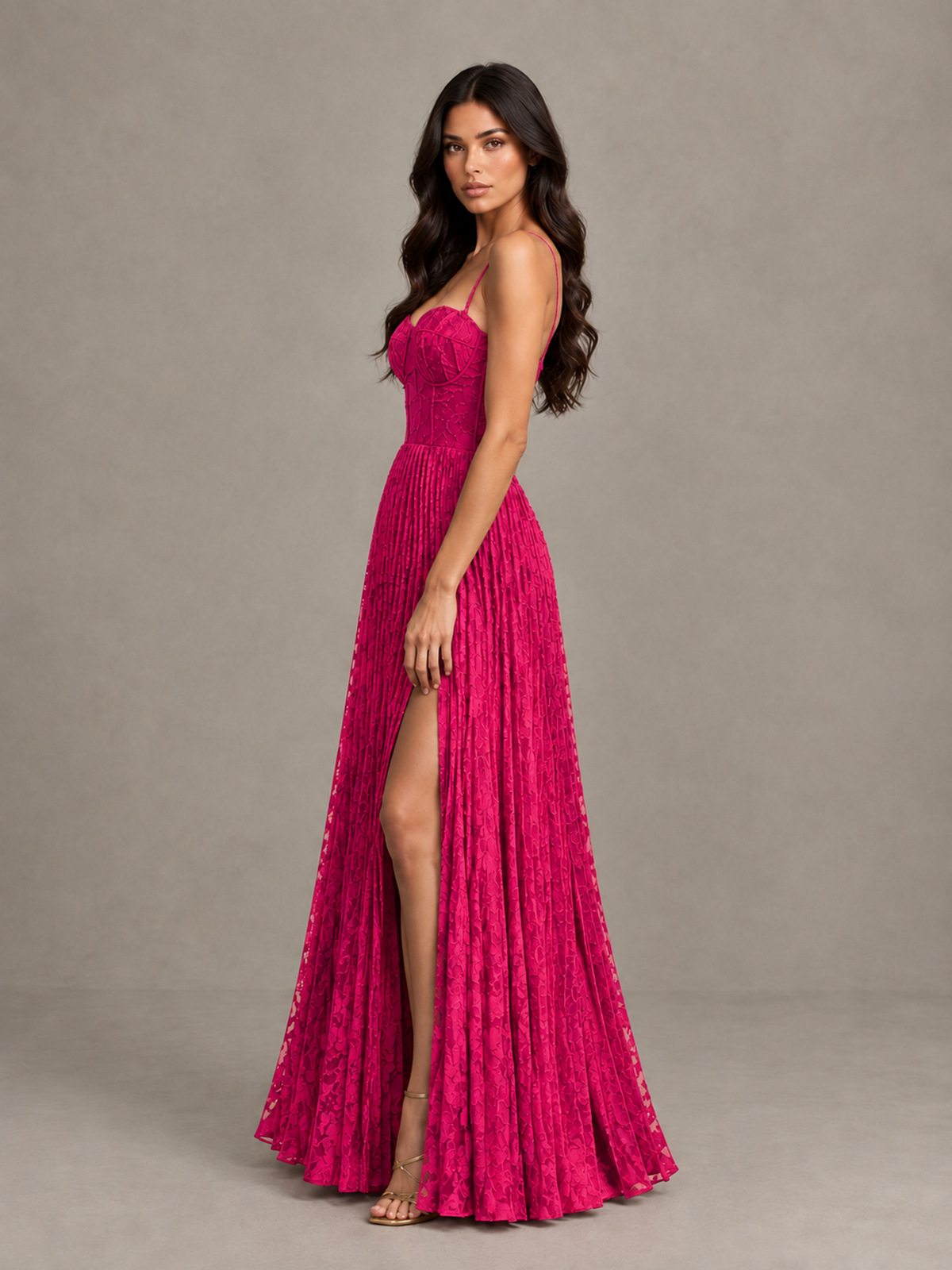 BOLODOO Hot Pink Pleated Bridesmaid Dress with Sweetheart Neckline & Slit - Hot Pink - Hot Pink (3)