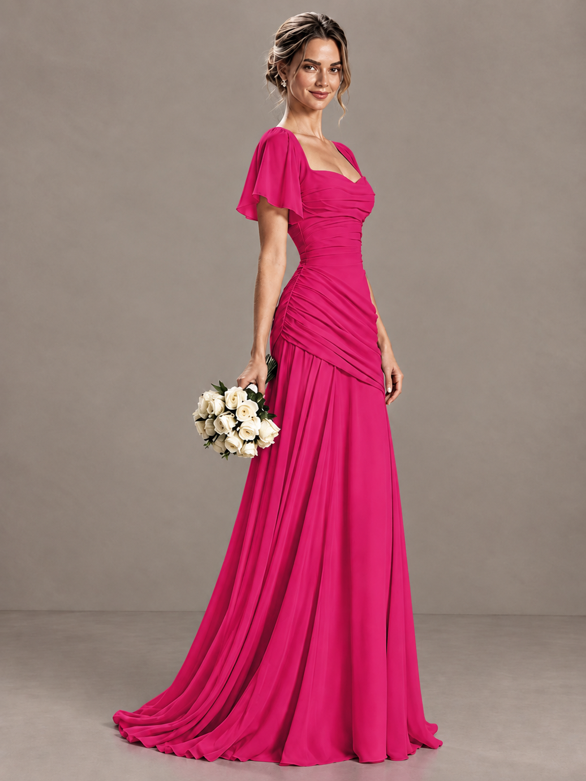 BOLODOO Hot Pink Flutter Sleeve Lace-Up Back Maxi Dress - Hot Pink - Hot Pink (3)