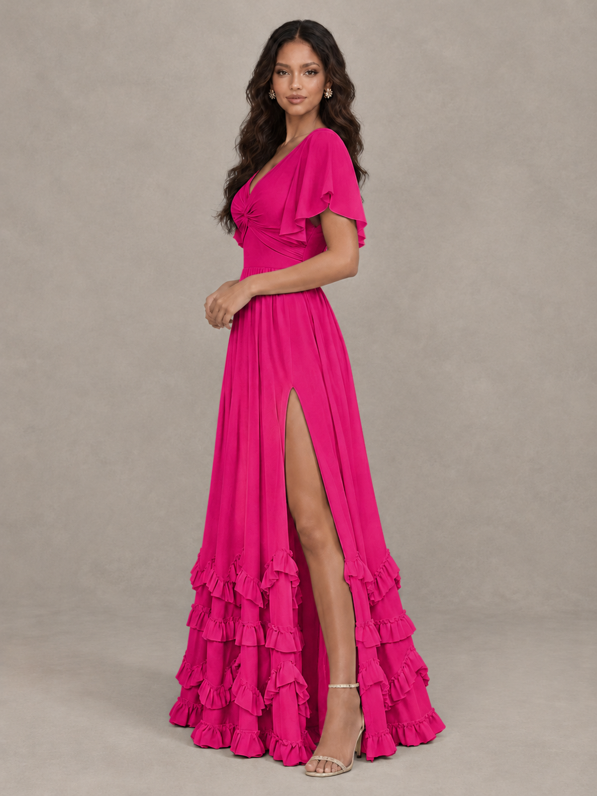 BOLODOO Hot Pink V-Neck Flutter Sleeve Ruffle Bridesmaid Dress with Slit - Hot Pink - Hot Pink (3)