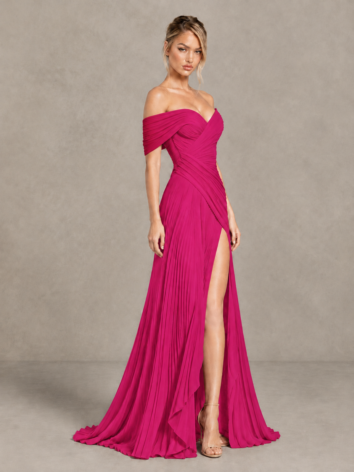 BOLODOO Hot Pink Off-Shoulder Ruched Pleated Maxi Dress with High Slit - Hot Pink - Hot Pink (3)